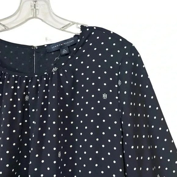 Tommy Hilfiger, Polka-Dot Gathered Neckline Balloon Sleeve Blouse, Med, Navy - Picture 5 of 9